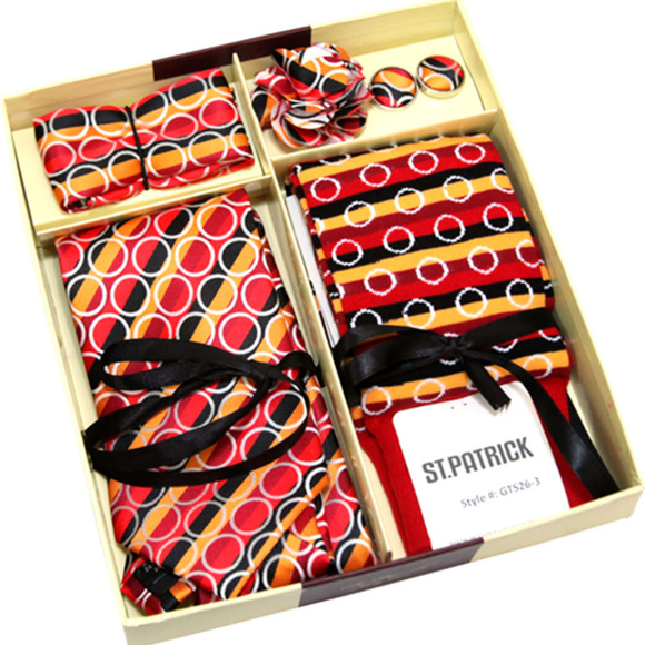 Red Striped Necktie Sock Bud Hanky Cuff Link Set